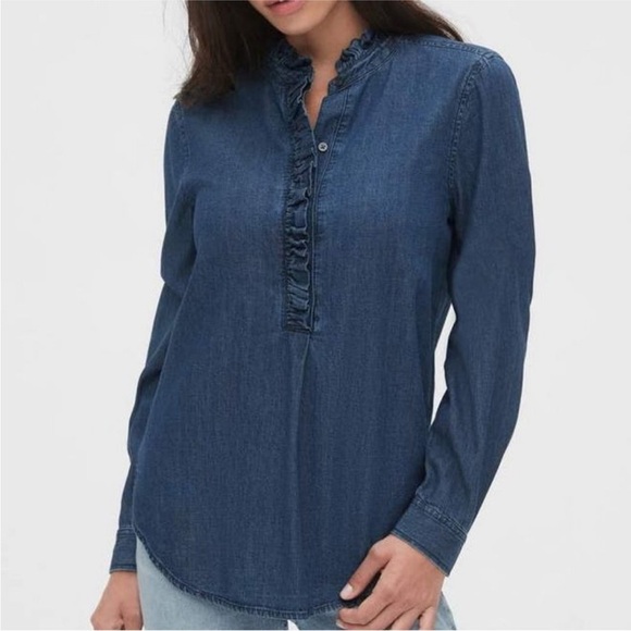 GAP Denim Ruffle Trim Popover Shirt Cottagecore Prairie Dark Indigo Blue XSP - Picture 1 of 12